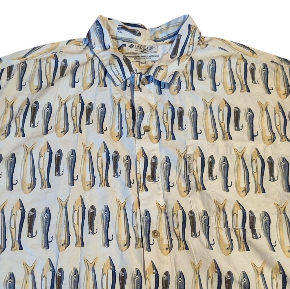 Columbia Fishing Lure Novelty Print Button Shirt XL Vintage Camp‎ Shirt PFG